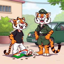 A cartoonish scene featuring two tigers in anthropomorphic form
