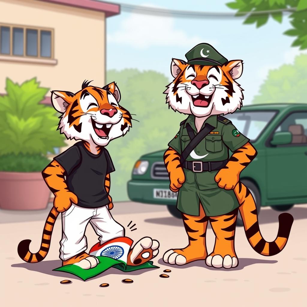 A cartoonish scene featuring two tigers in anthropomorphic form
