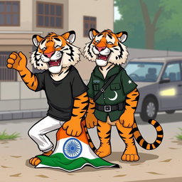 A cartoonish scene featuring two tigers in anthropomorphic form