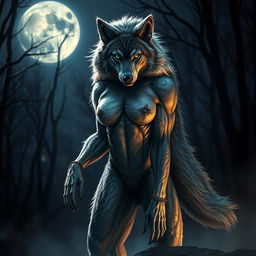 A fearless female werewolf standing majestically in the moonlit night, her fierce gaze captivating and bold