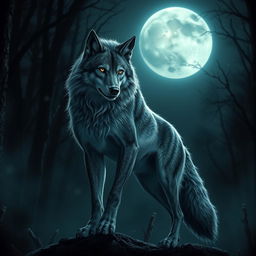 A fearless female werewolf standing majestically in the moonlit night, her fierce gaze captivating and bold