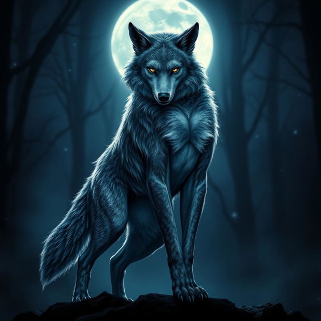 A fearless female werewolf standing majestically in the moonlit night, her fierce gaze captivating and bold