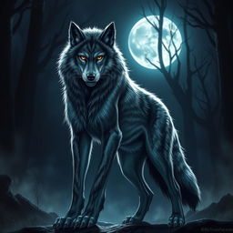 A fearless female werewolf standing majestically in the moonlit night, her fierce gaze captivating and bold
