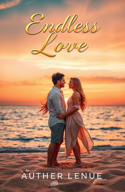 A beautifully designed romance book cover featuring a serene sunset backdrop over a calm ocean