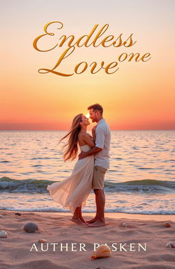 A beautifully designed romance book cover featuring a serene sunset backdrop over a calm ocean