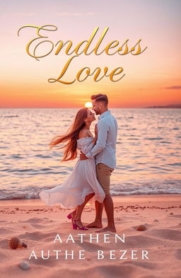 A beautifully designed romance book cover featuring a serene sunset backdrop over a calm ocean