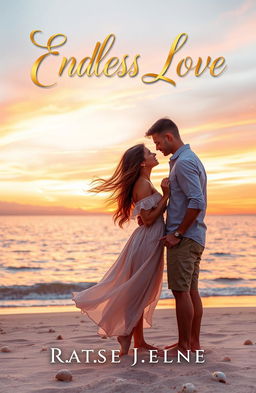 A beautifully designed romance book cover featuring a serene sunset backdrop over a calm ocean
