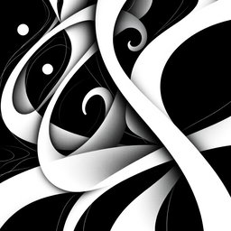 An abstract composition featuring intricate patterns and shapes created solely in black and white