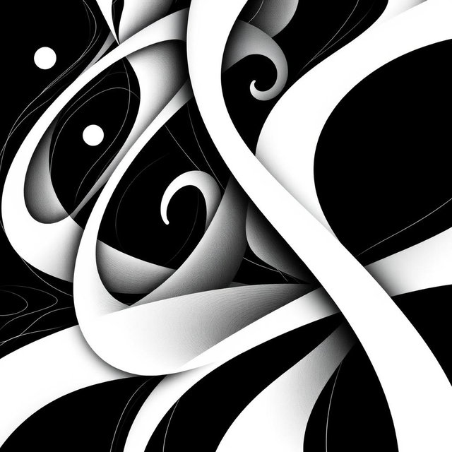 An abstract composition featuring intricate patterns and shapes created solely in black and white
