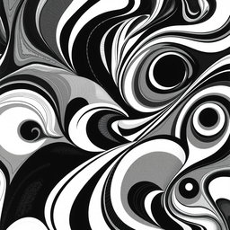 An abstract composition featuring intricate patterns and shapes created solely in black and white