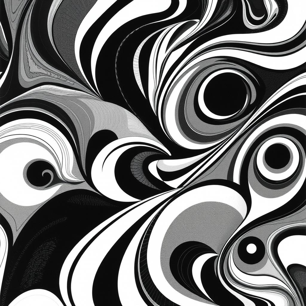 An abstract composition featuring intricate patterns and shapes created solely in black and white