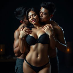 Two Indonesian men are affectionately hugging a stunning 28-year-old woman from behind in an intimidating yet loving manner