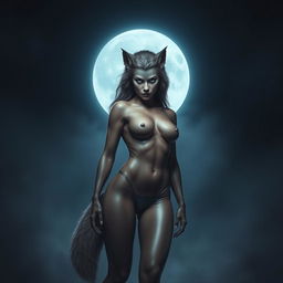 A fearless, alluring female werewolf standing confidently under the moonlight at night