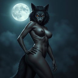 A fearless, alluring female werewolf standing confidently under the moonlight at night