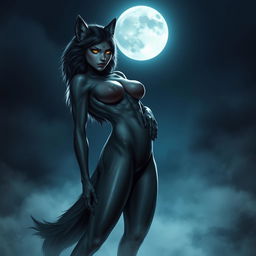 A fearless, alluring female werewolf standing confidently under the moonlight at night
