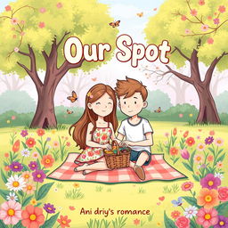 A delightful cartoon romance book cover titled 'Our Spot'