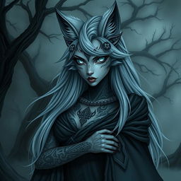 A female anthropomorphic wolf character inspired by Nordic mythology, featuring a dark and eerie aesthetic