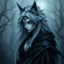 A female anthropomorphic wolf character inspired by Nordic mythology, featuring a dark and eerie aesthetic