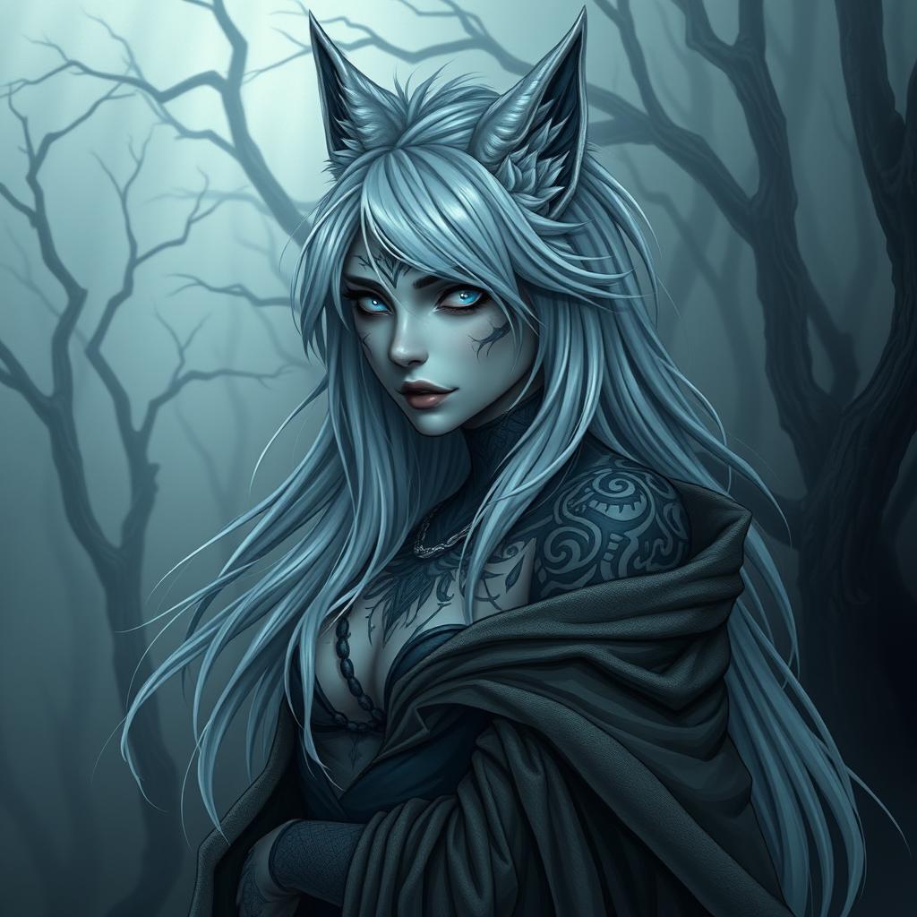 A female anthropomorphic wolf character inspired by Nordic mythology, featuring a dark and eerie aesthetic
