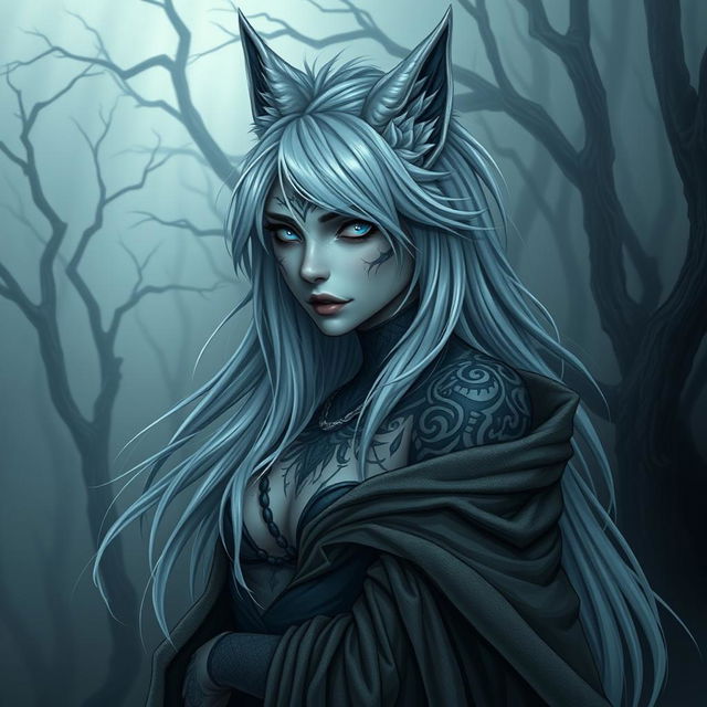 A female anthropomorphic wolf character inspired by Nordic mythology, featuring a dark and eerie aesthetic