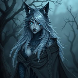 A female anthropomorphic wolf character inspired by Nordic mythology, featuring a dark and eerie aesthetic