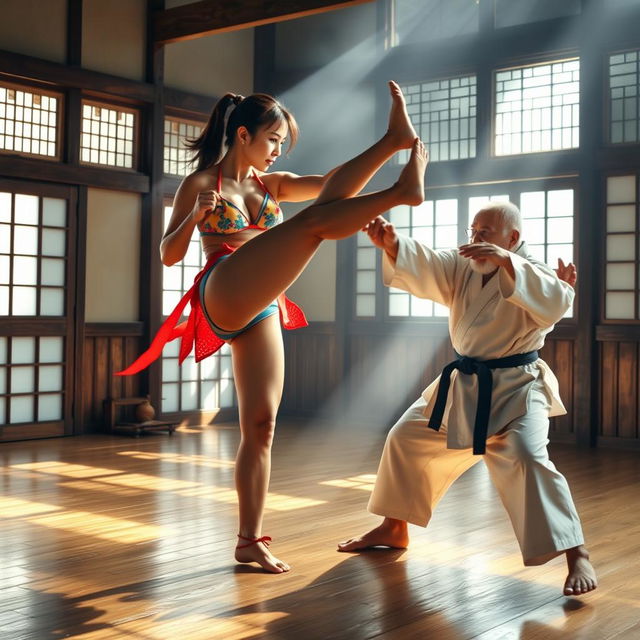 A dynamic scene in a traditional dojo where a powerful woman in a colorful bikini showcases her martial arts skills against an elderly martial artist