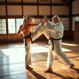 A dynamic scene in a traditional dojo featuring a blonde woman in a vibrant bikini showcasing her martial arts prowess against an elderly martial artist