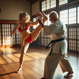 A dynamic scene in a traditional dojo featuring a blonde woman in a vibrant bikini showcasing her martial arts prowess against an elderly martial artist