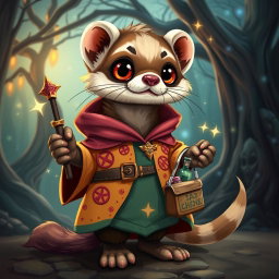 A whimsical, adventurous ferret character designed for a Dungeons & Dragons theme