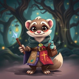 A whimsical, adventurous ferret character designed for a Dungeons & Dragons theme