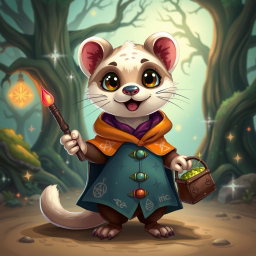 A whimsical, adventurous ferret character designed for a Dungeons & Dragons theme