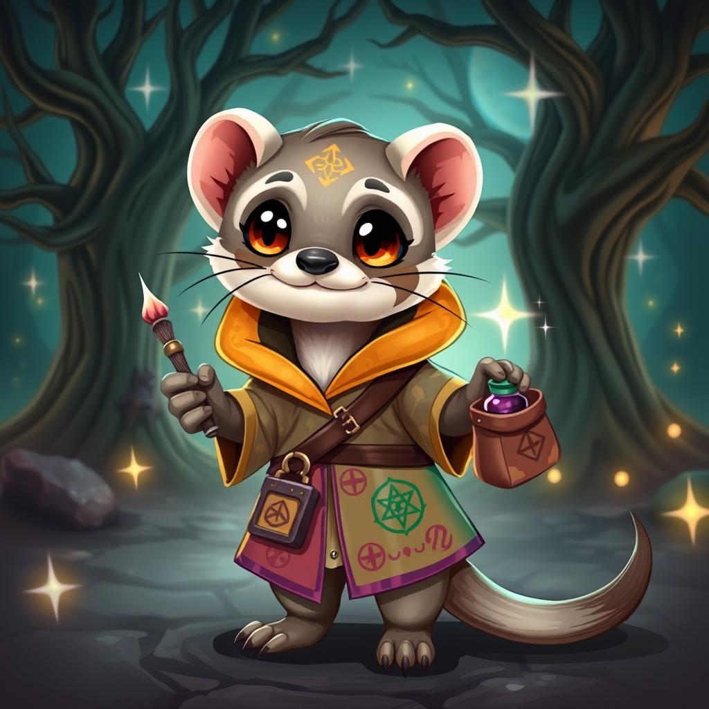 A whimsical, adventurous ferret character designed for a Dungeons & Dragons theme