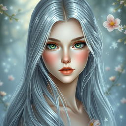 A beautiful and charming young woman with long, shimmering silver hair that cascades elegantly down her back