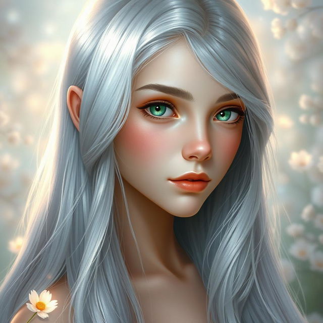 A beautiful and charming young woman with long, shimmering silver hair that cascades elegantly down her back