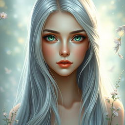 A beautiful and charming young woman with long, shimmering silver hair that cascades elegantly down her back