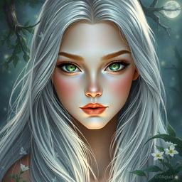 A beautiful and charming young woman with long, flowing silver hair that shimmers like moonlight