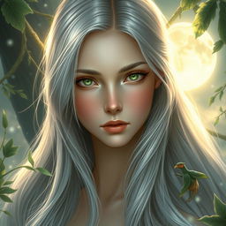 A beautiful and charming young woman with long, flowing silver hair that shimmers like moonlight