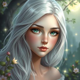 A beautiful and charming young woman with long, flowing silver hair that shimmers like moonlight