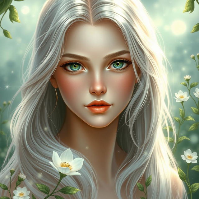 A beautiful and charming young woman with long, flowing silver hair that shimmers like moonlight