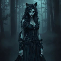 A stunning, beautiful female wolf-human hybrid with long dark hair and piercing ice-blue eyes, showcasing a blend of Nordic features and dark, eerie elements