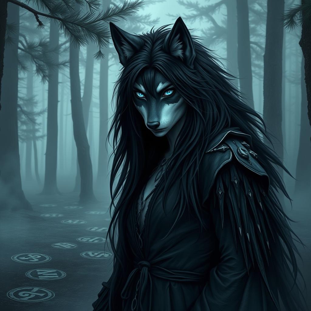 A stunning, beautiful female wolf-human hybrid with long dark hair and piercing ice-blue eyes, showcasing a blend of Nordic features and dark, eerie elements