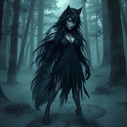 A stunning, beautiful female wolf-human hybrid with long dark hair and piercing ice-blue eyes, showcasing a blend of Nordic features and dark, eerie elements