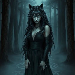 A stunning, beautiful female wolf-human hybrid with long dark hair and piercing ice-blue eyes, showcasing a blend of Nordic features and dark, eerie elements