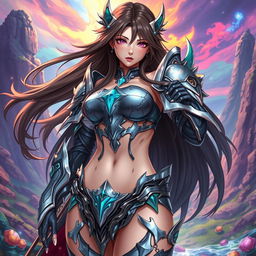 A stunning anime character dressed in very skimpy armor, showcasing an intricate design with metallic elements that reflect light