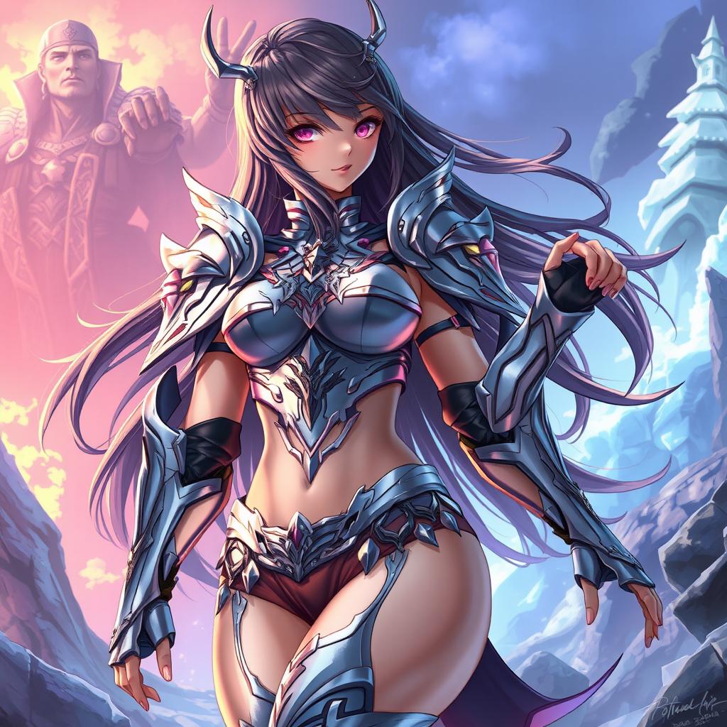 A stunning anime character dressed in very skimpy armor, showcasing an intricate design with metallic elements that reflect light