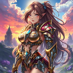 A stunning anime character dressed in very skimpy armor, showcasing an intricate design with metallic elements that reflect light