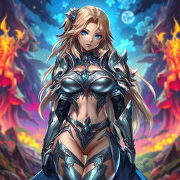 A stunning anime character dressed in very skimpy armor, showcasing an intricate design with metallic elements that reflect light