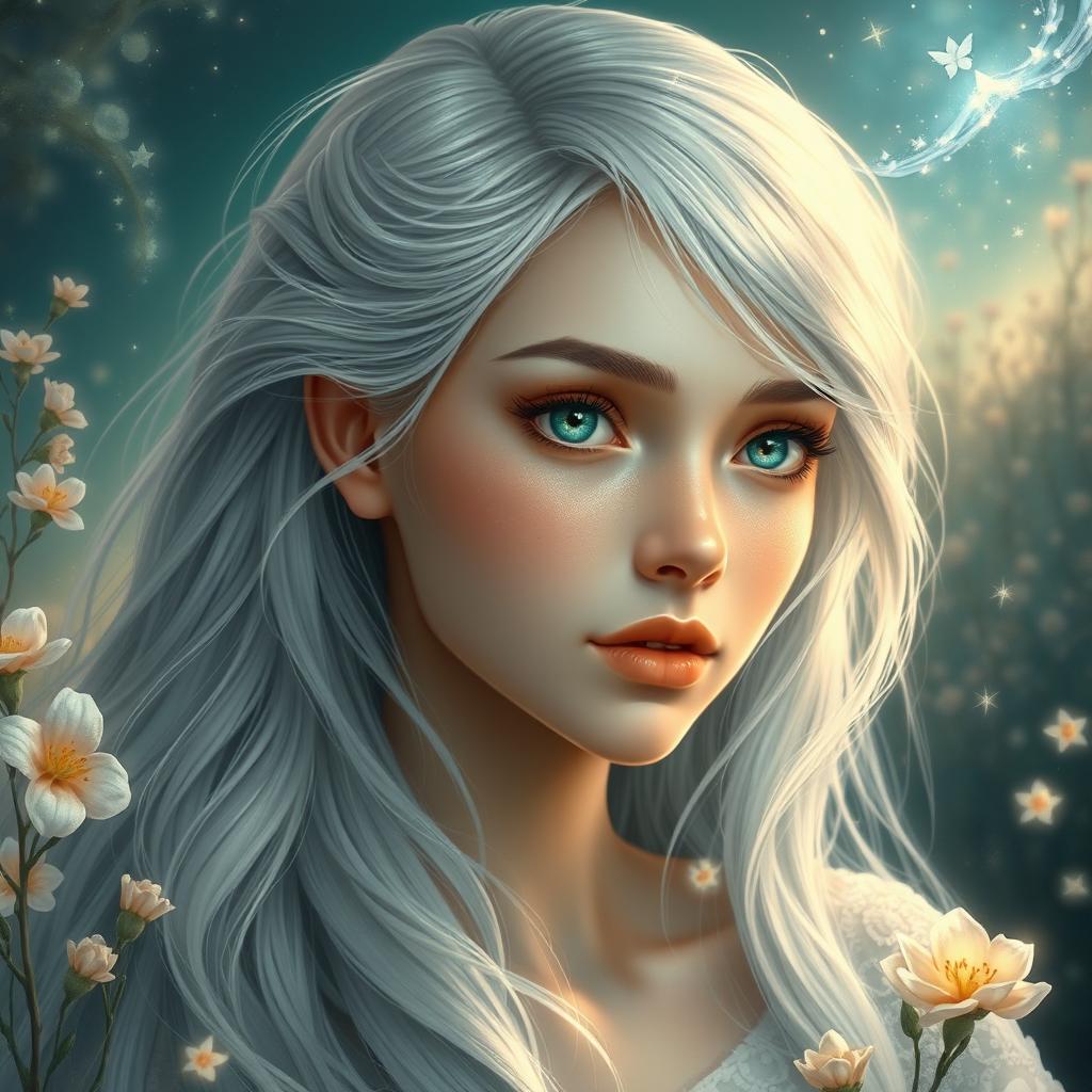 A beautiful and charming young woman with long, flowing silver hair that glistens like starlight