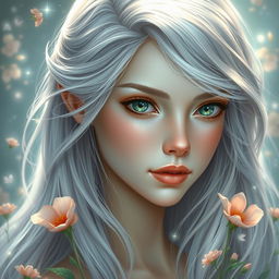 A beautiful and charming young woman with long, flowing silver hair that glistens like starlight