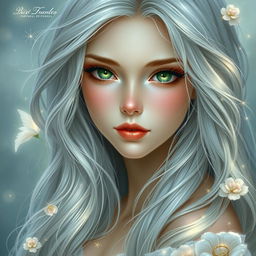 A beautiful and charming young woman with long, flowing silver hair that glistens like starlight